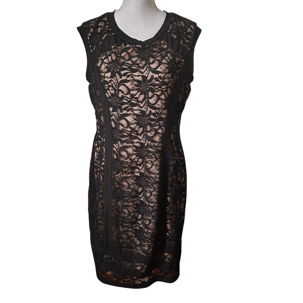 Candela Black Lace Illusion Dress Nude Lined Sheath Sleeveless Sequin Detail